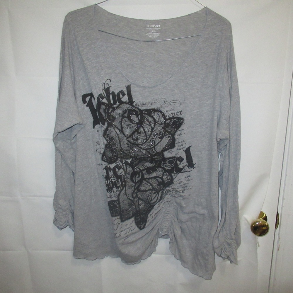 Lane Bryant Graphic Tee Womens 22/24 Gray Rebel Embellished Ruched Hem